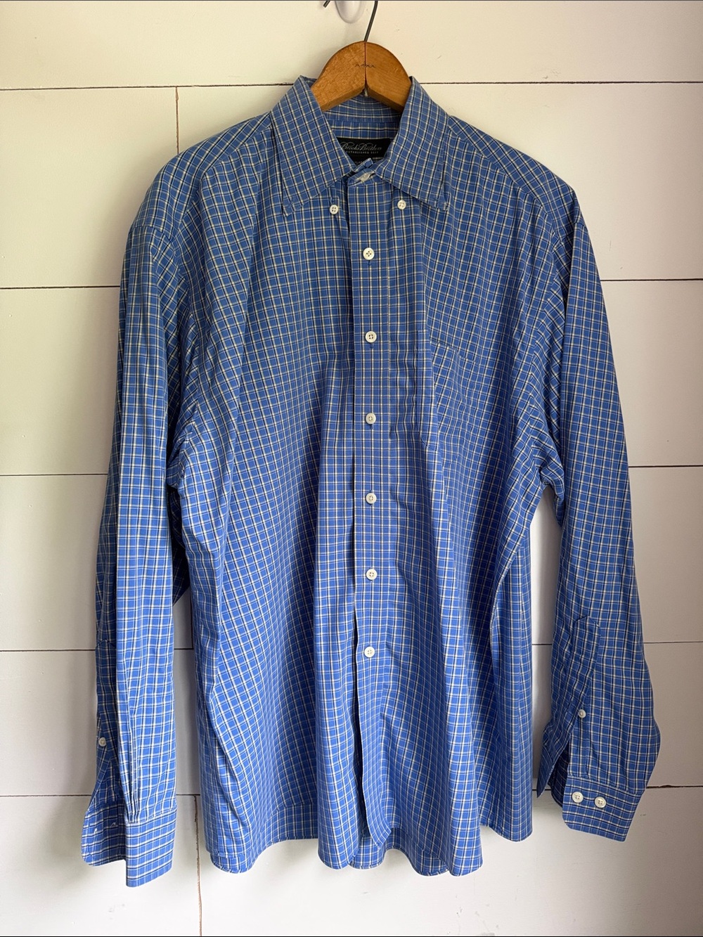 Brooks Brothers Men’s Dress Shirt Plaid Blue Yellow White Size XL Non-Iron